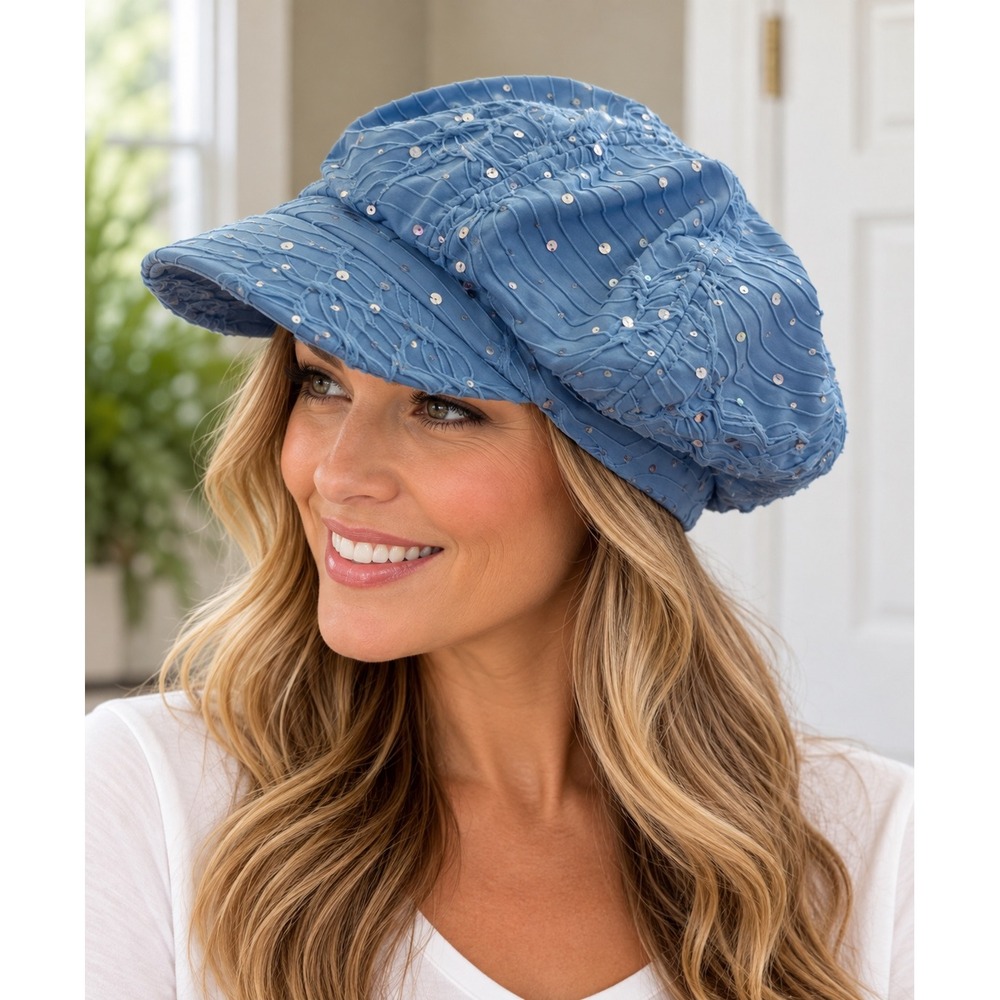 Something Special Blue Newsboy Cap Sequin Embellished Textured Hat Y2K Style